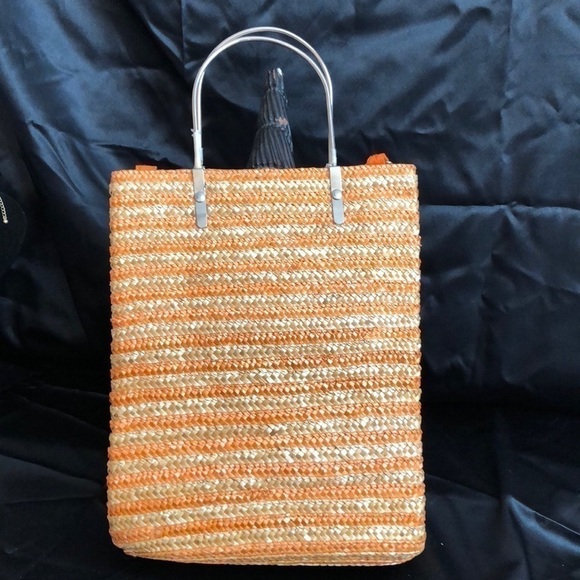 guc - Straw bag in orange & cream chrome handles - Picture 2 of 8